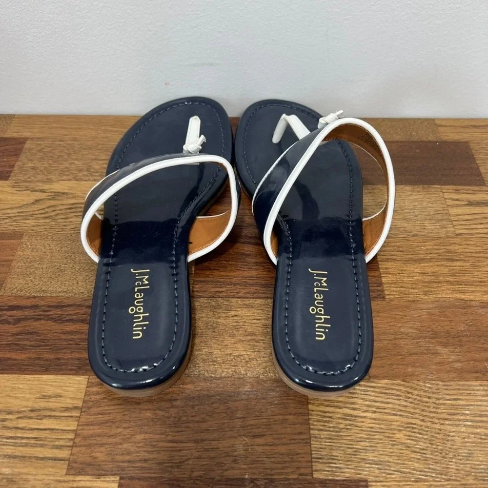 J Mclaughlin Leslie Sandal 8.5 Navy‎ Patent Leather Thong Summer Nautical Strap